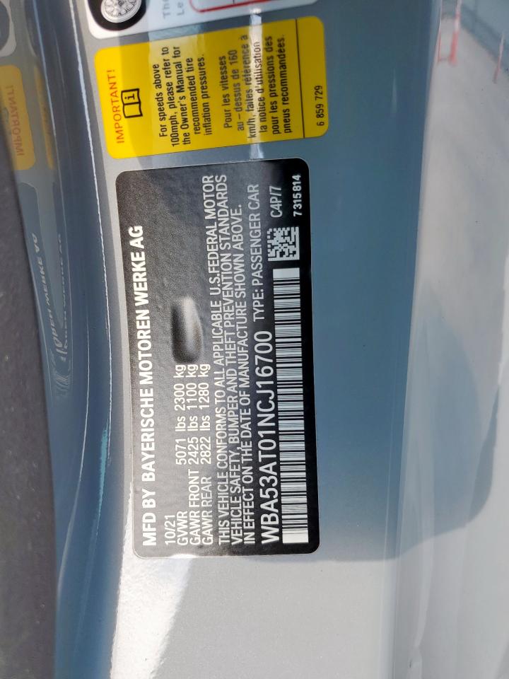 2022 BMW M440I VIN: WBA53AT01NCJ16700 Lot: 81885075