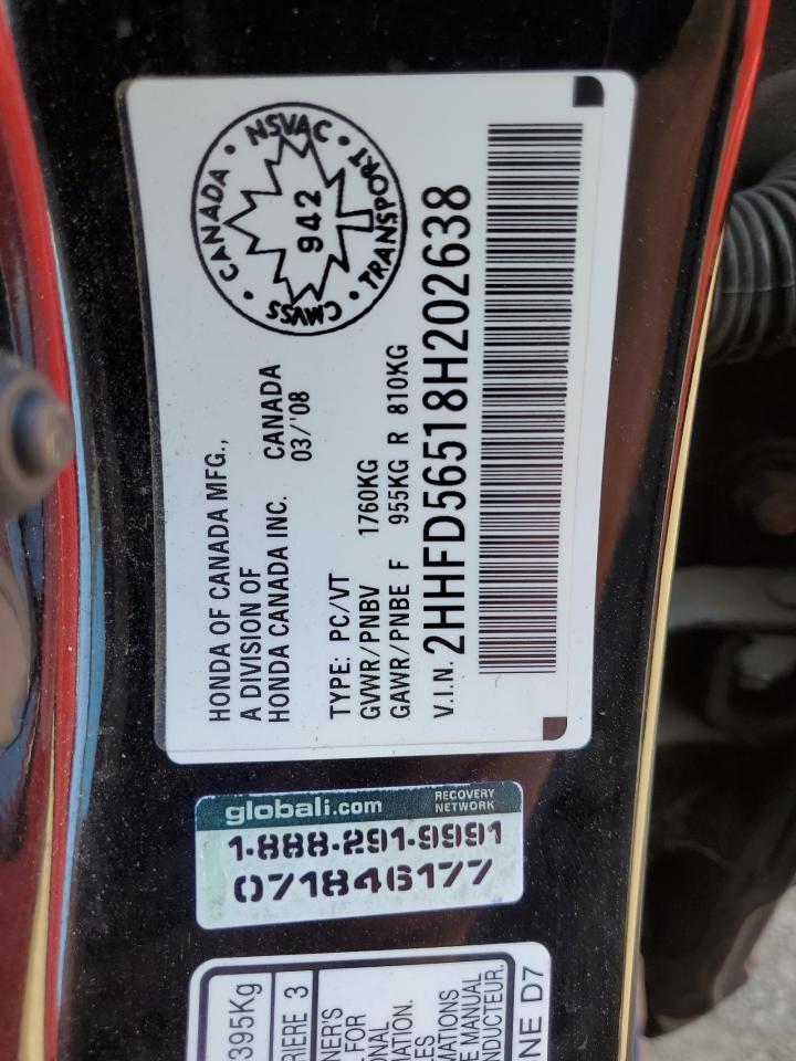 2008 Acura Csx VIN: 2HHFD56518H202638 Lot: 71792445