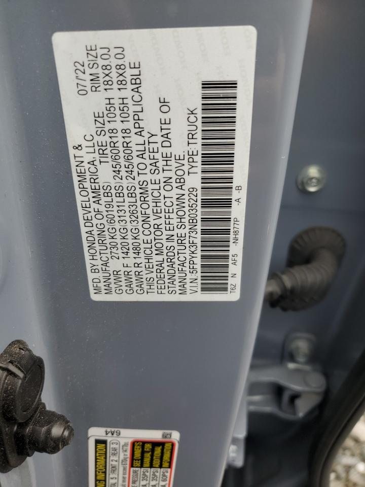 2022 Honda Ridgeline Rtl VIN: 5FPYK3F73NB035229 Lot: 71524525