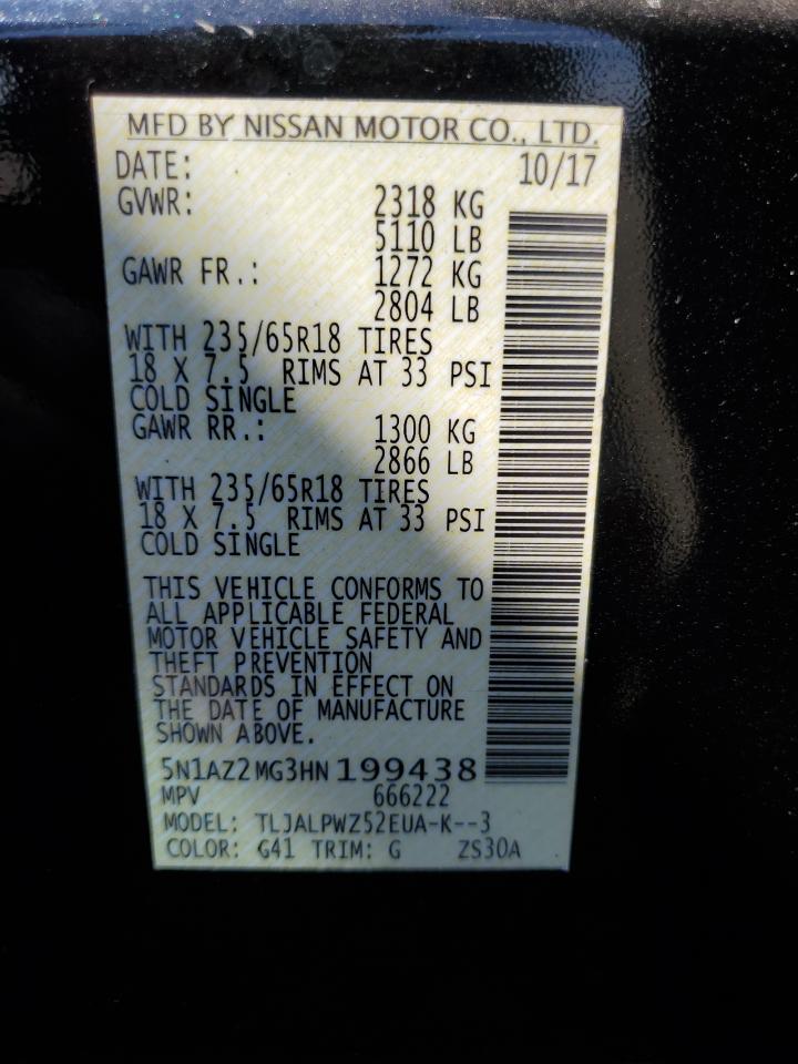 2017 Nissan Murano S VIN: 5N1AZ2MG3HN199438 Lot: 70845425