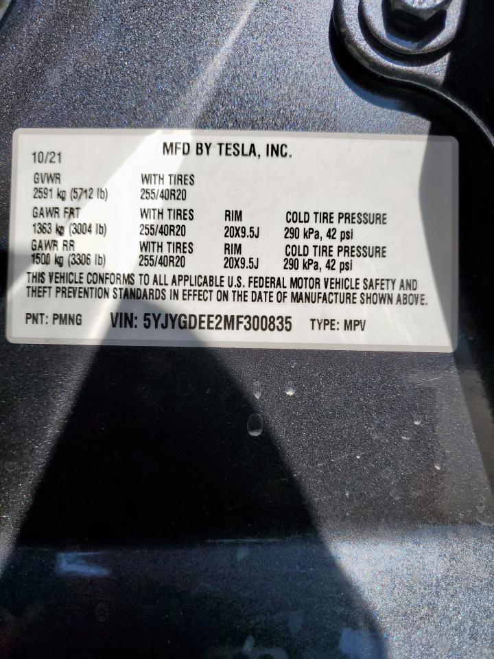 2021 Tesla Model Y VIN: 5YJYGDEE2MF300835 Lot: 80313035