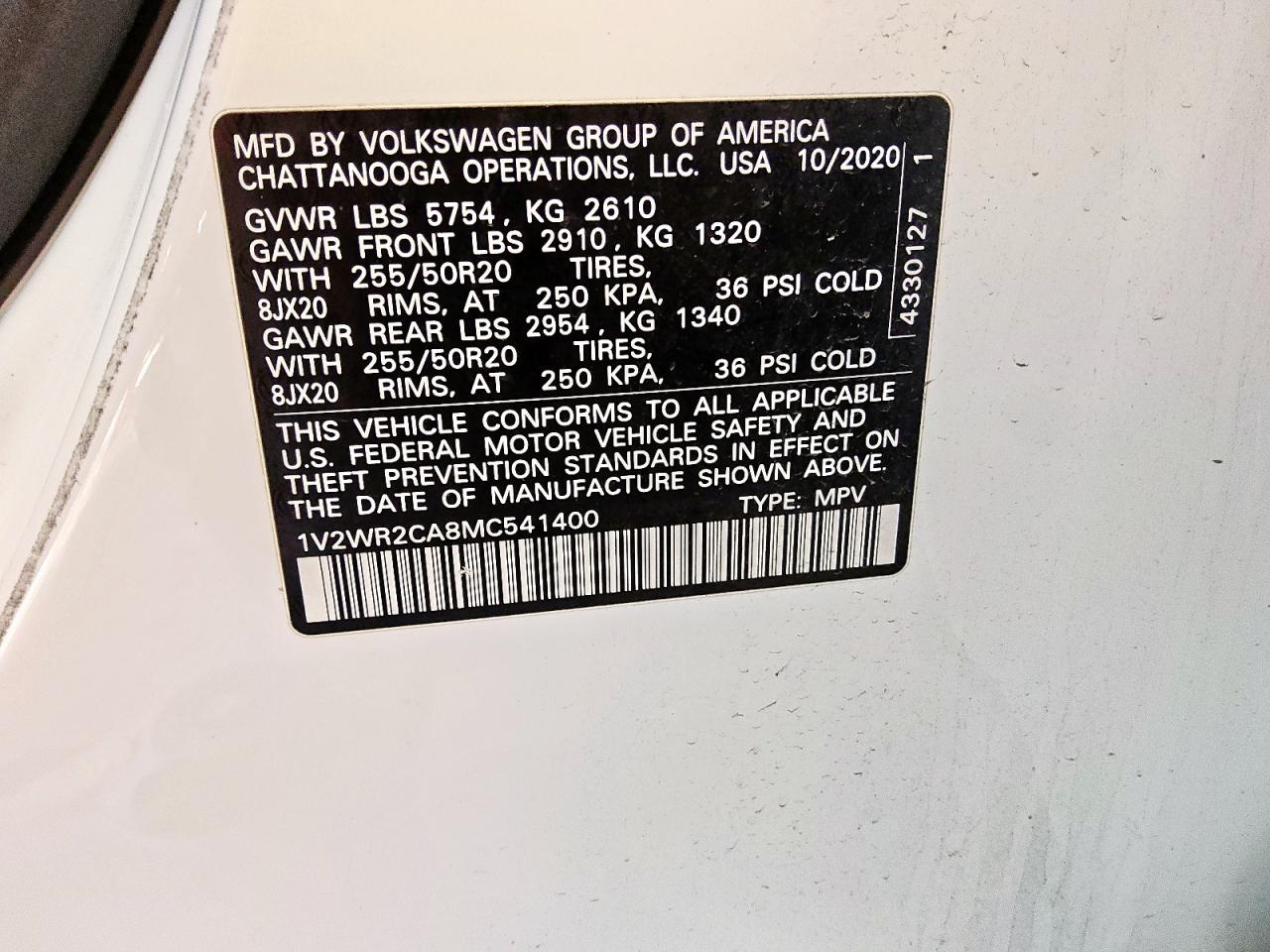 2021 Volkswagen Atlas Se VIN: 1V2WR2CA8MC541400 Lot: 80841205