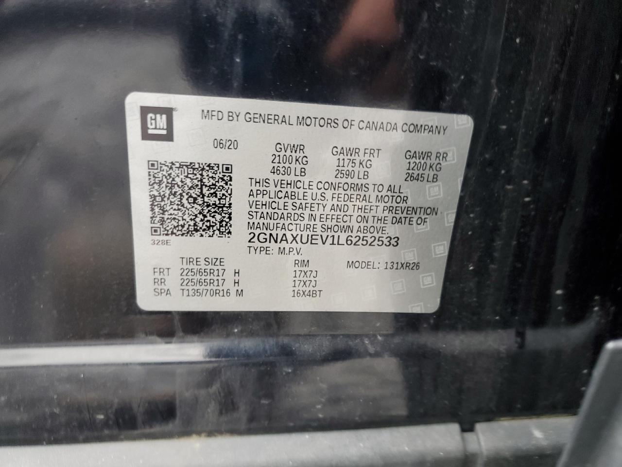 2020 Chevrolet Equinox Lt VIN: 2GNAXUEV1L6252533 Lot: 81320735