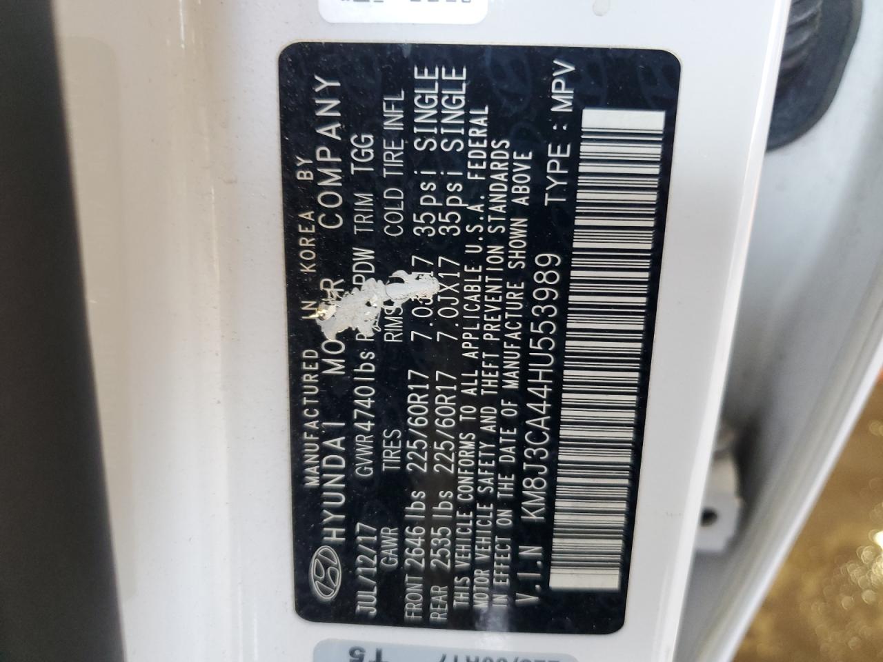 2017 Hyundai Tucson Limited VIN: KM8J3CA44HU553989 Lot: 84636975