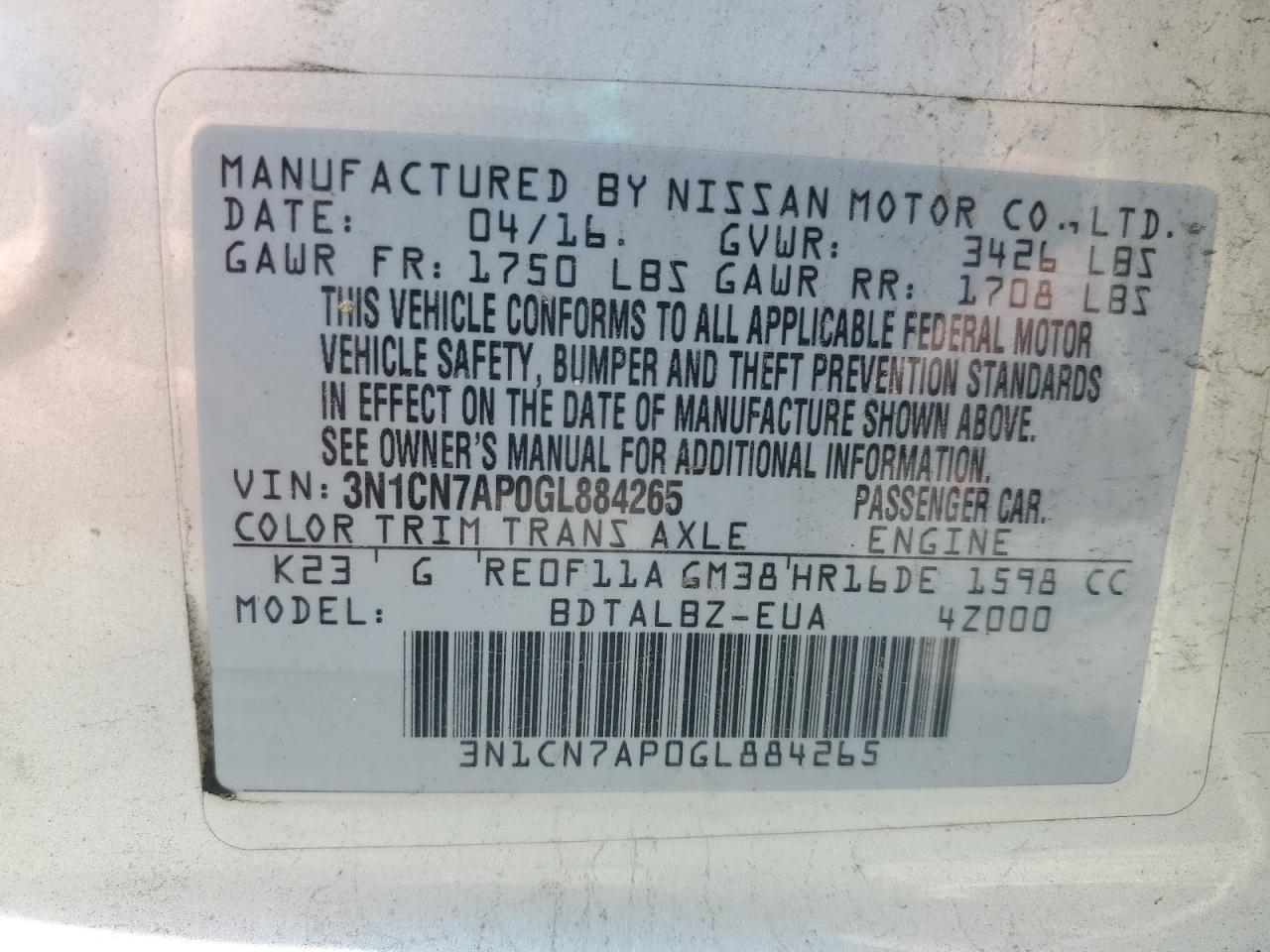 2016 Nissan Versa S VIN: 3N1CN7AP0GL884265 Lot: 71972595