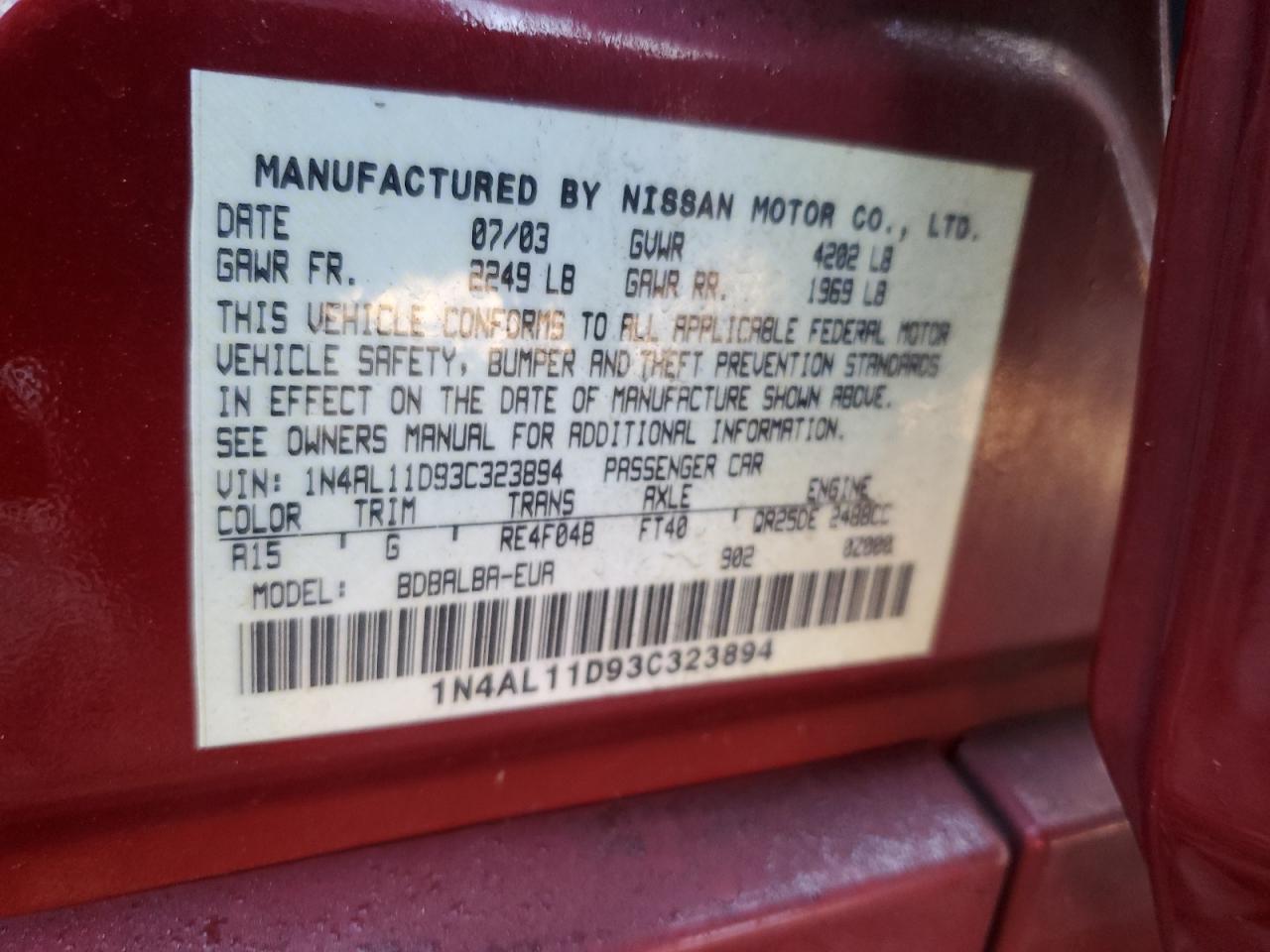 2003 Nissan Altima Base VIN: 1N4AL11D93C323894 Lot: 71149605