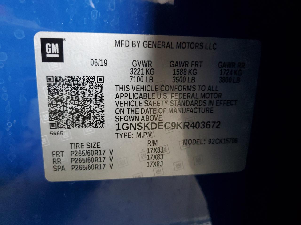 2019 Chevrolet Tahoe Police VIN: 1GNSKDEC9KR403672 Lot: 82063155