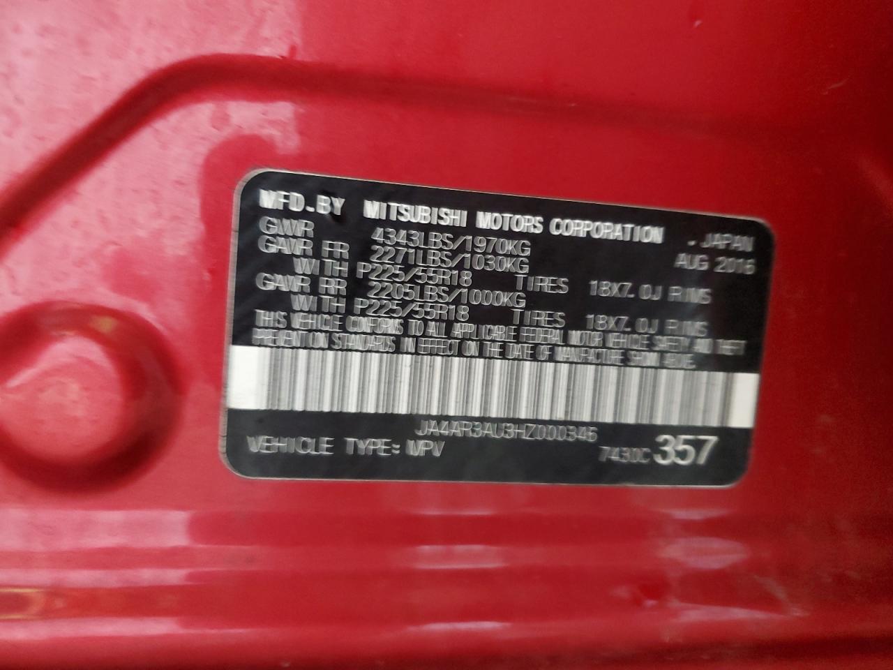 2017 Mitsubishi Outlander Sport Es VIN: JA4AR3AU3HZ000346 Lot: 84172665