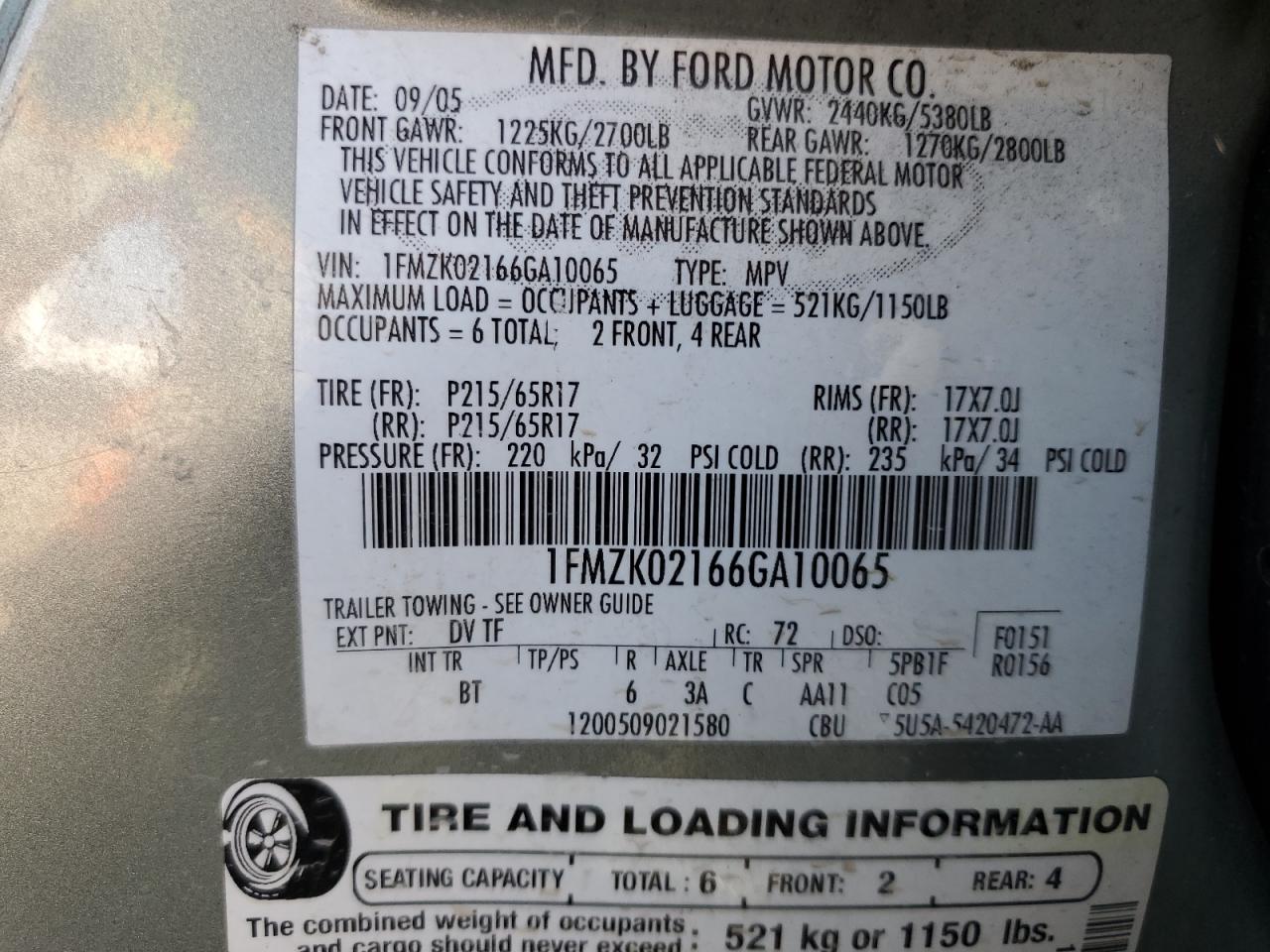 2006 Ford Freestyle Sel VIN: 1FMZK02166GA10065 Lot: 71273135