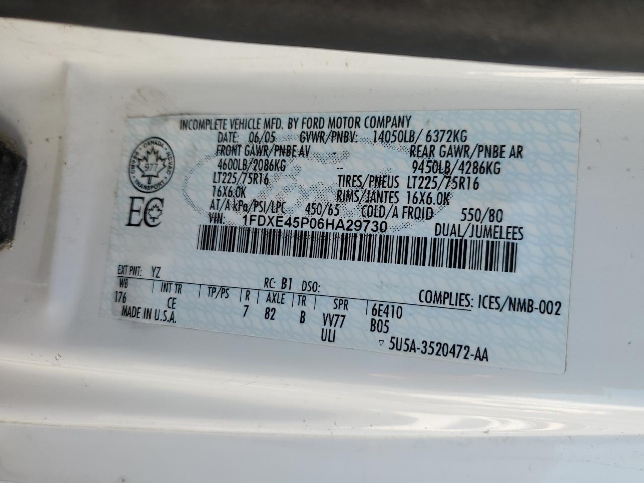 2006 Ford Econoline E450 Super Duty Cutaway Van VIN: 1FDXE45P06HA29730 Lot: 83756105