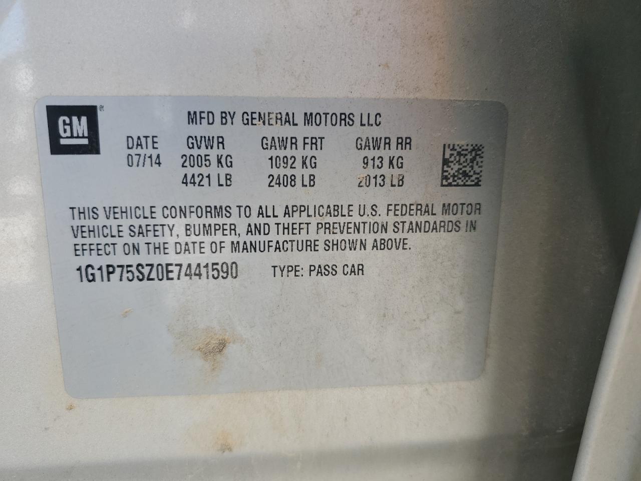 2014 Chevrolet Cruze VIN: 1G1P75SZ0E7441590 Lot: 81432335