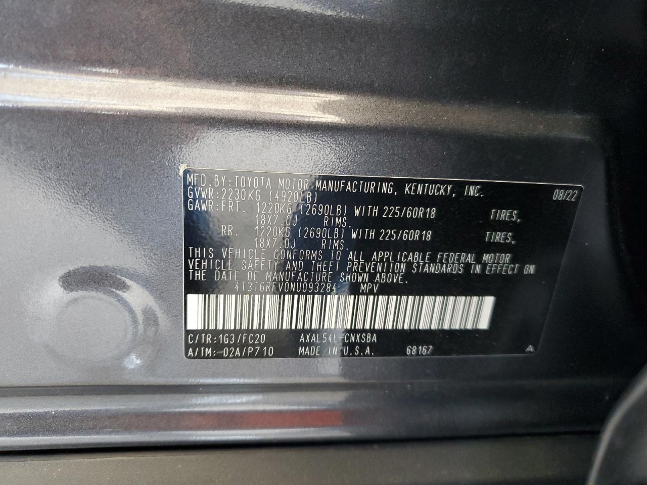 2022 Toyota Rav4 Se VIN: 4T3T6RFV0NU093284 Lot: 80893315