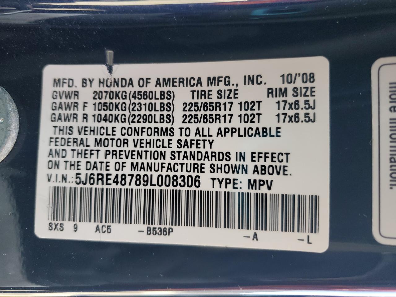2009 Honda Cr-V Exl VIN: 5J6RE48789L008306 Lot: 70587525