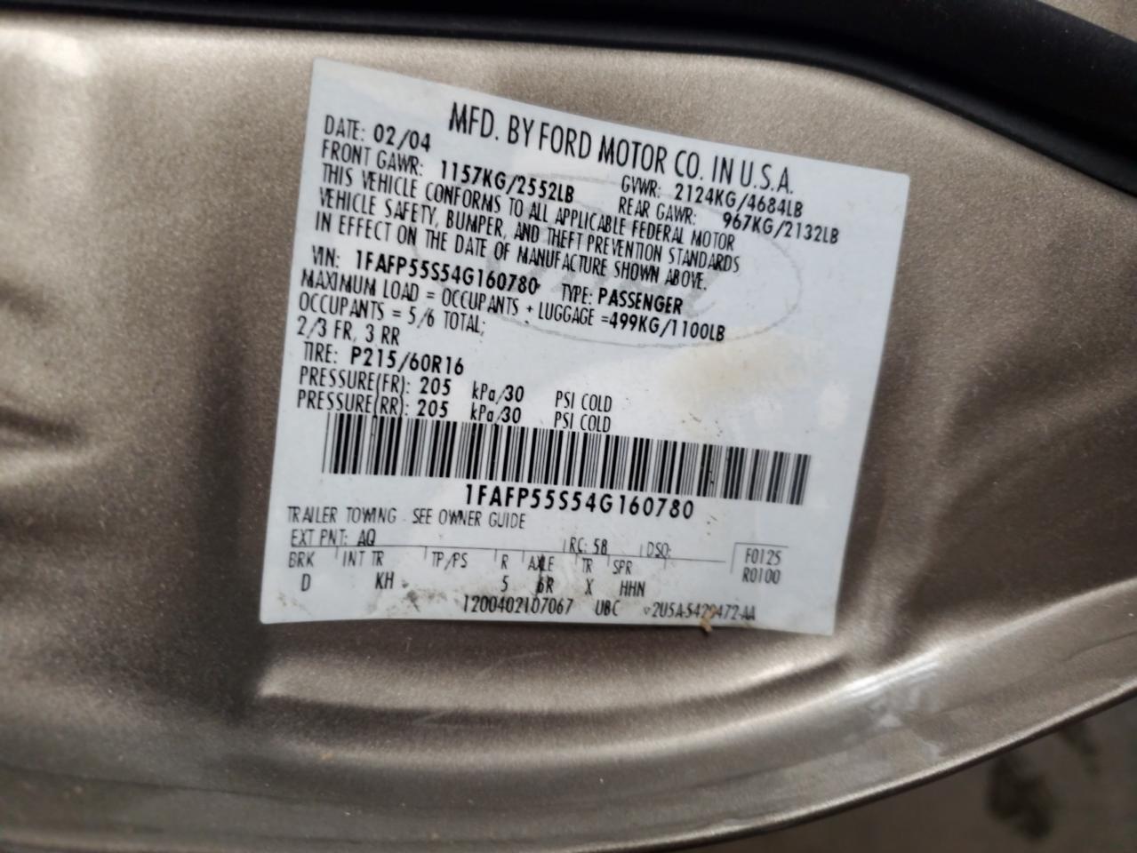 2004 Ford Taurus Ses VIN: 1FAFP55S54G160780 Lot: 81563095