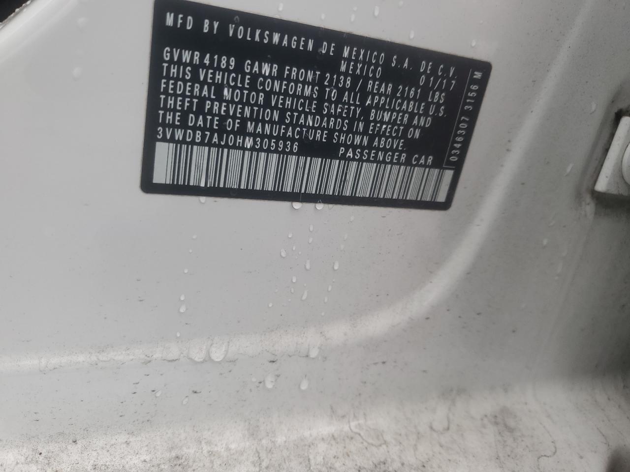 2017 Volkswagen Jetta Se VIN: 3VWDB7AJ0HM305936 Lot: 81519105