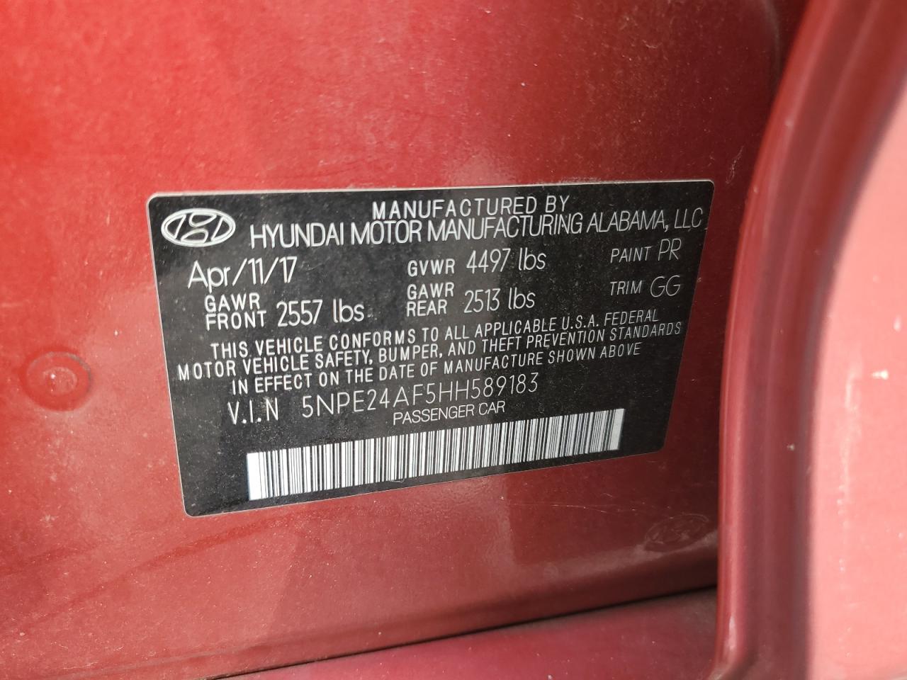 2017 Hyundai Sonata Se VIN: 5NPE24AF5HH589183 Lot: 80086675