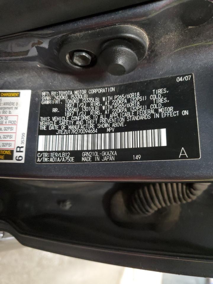 2007 Toyota 4Runner Limited VIN: JTEZU17R270094684 Lot: 81151865