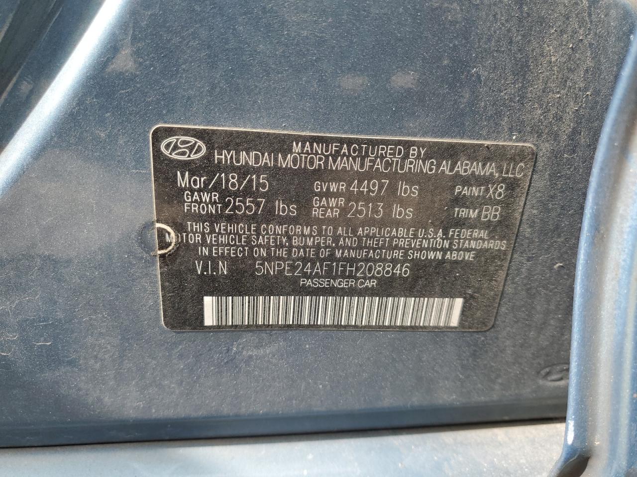 2015 Hyundai Sonata Se VIN: 5NPE24AF1FH208846 Lot: 71403595