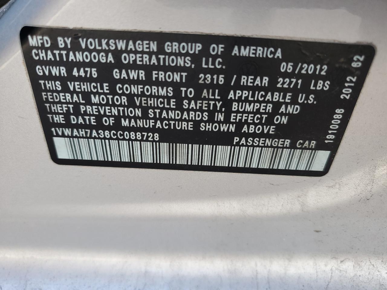 2012 Volkswagen Passat S VIN: 1VWAH7A36CC088728 Lot: 81502995