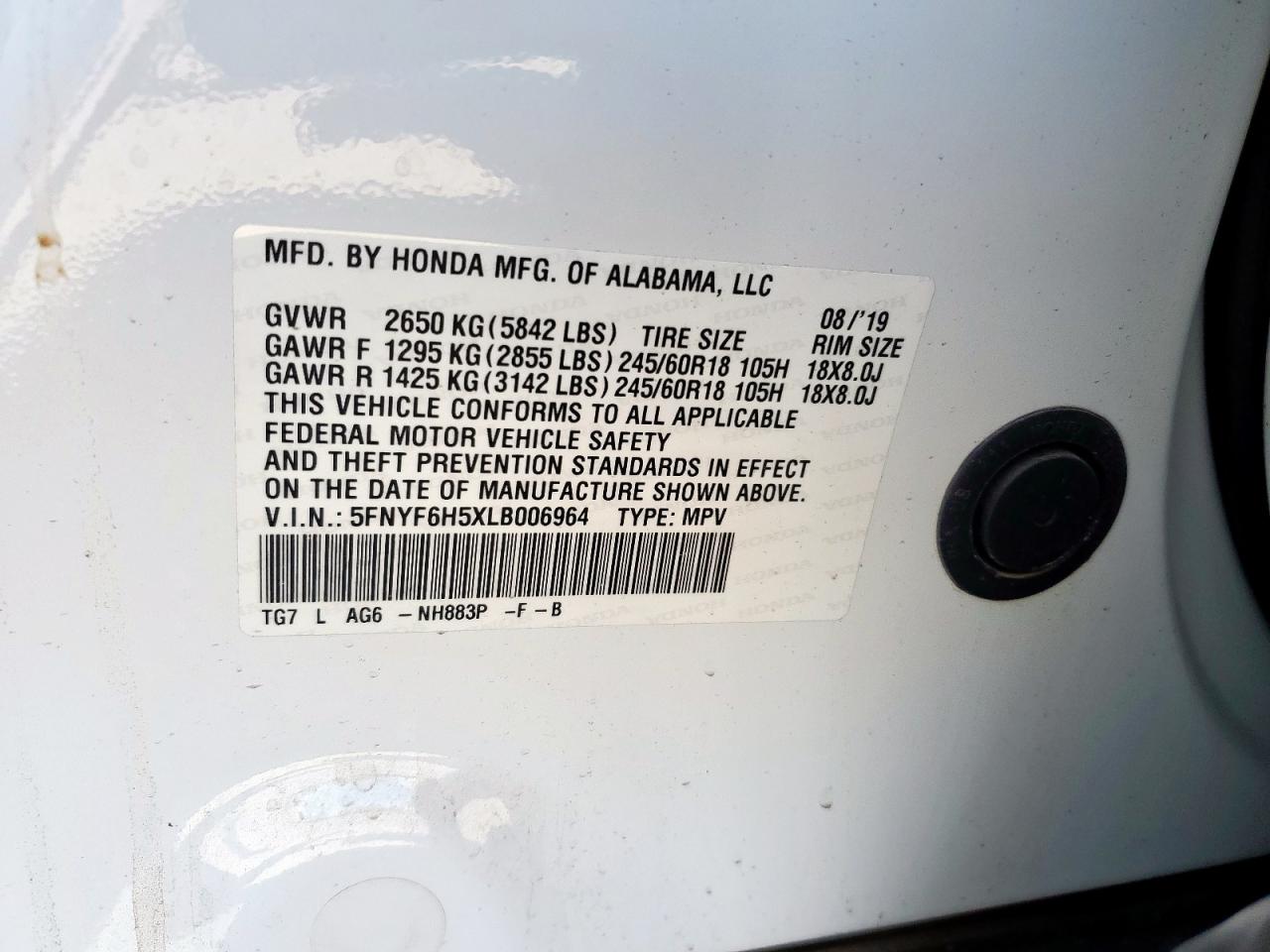 2020 Honda Pilot Exl VIN: 5FNYF6H5XLB006964 Lot: 82169245