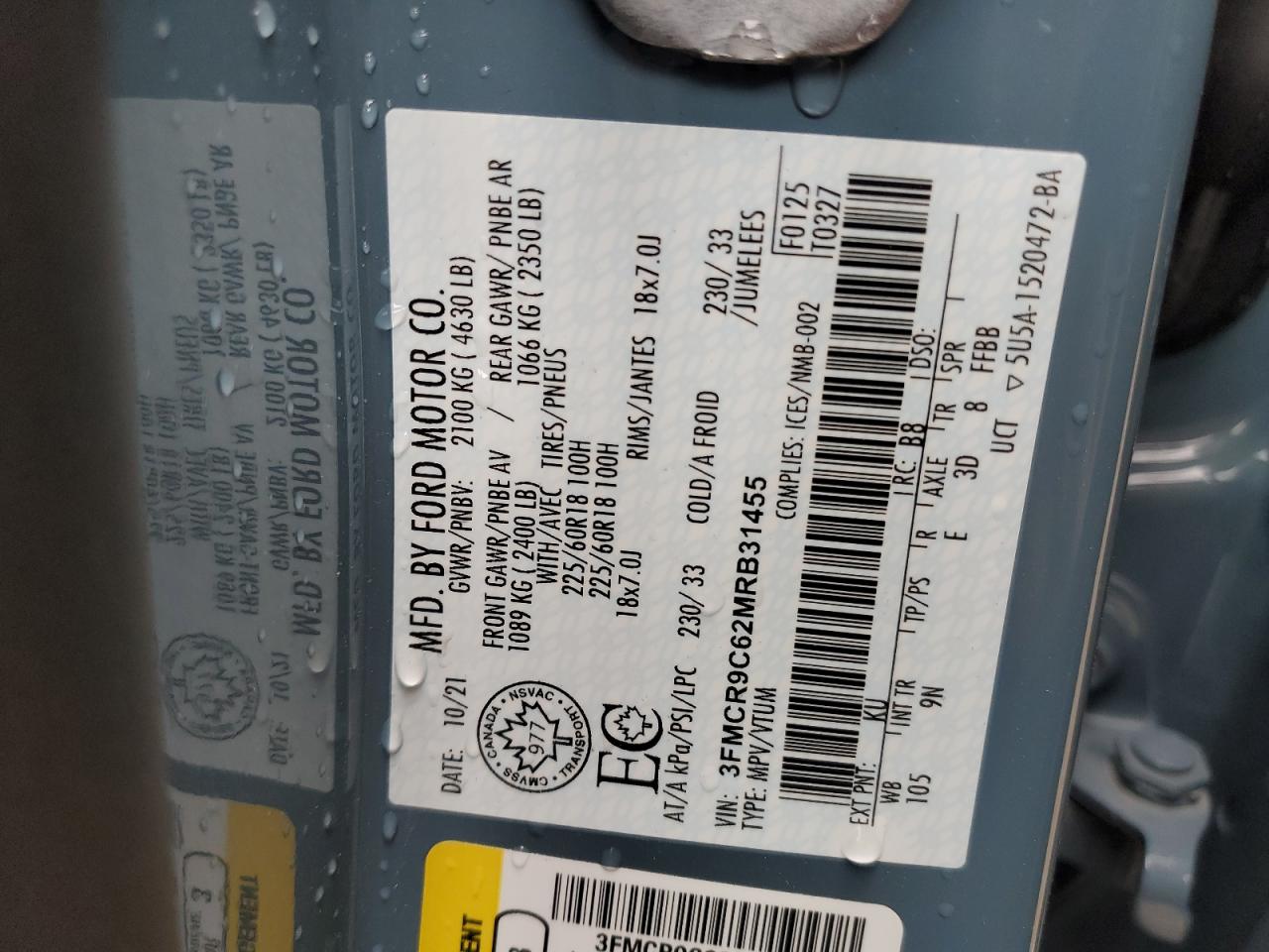 2021 Ford Bronco Sport Outer Banks VIN: 3FMCR9C62MRB31455 Lot: 71093005