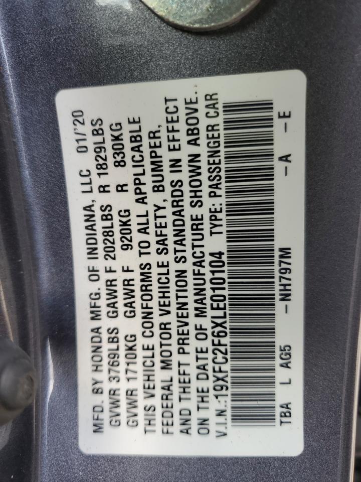 2020 Honda Civic Lx VIN: 19XFC2F6XLE010104 Lot: 80707455