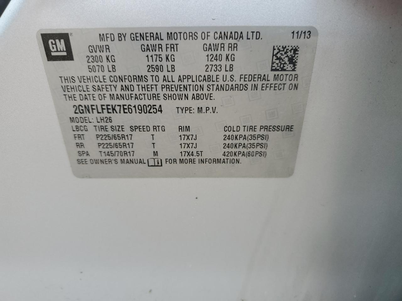 2014 Chevrolet Equinox Lt VIN: 2GNFLFEK7E6190254 Lot: 84607565