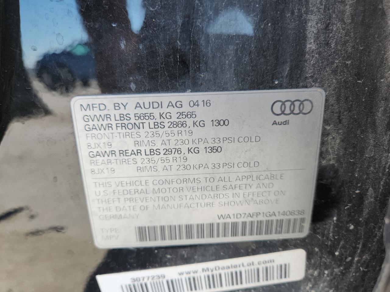 2016 Audi Q5 Premium Plus S-Line VIN: WA1D7AFP1GA140838 Lot: 70943255