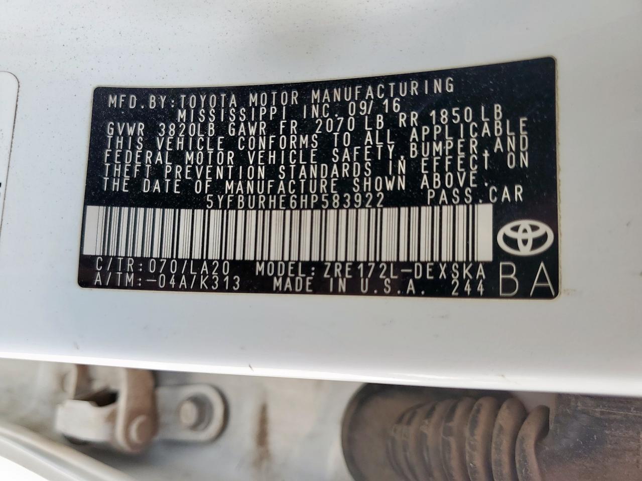 2017 Toyota Corolla L VIN: 5YFBURHE6HP583922 Lot: 81851235