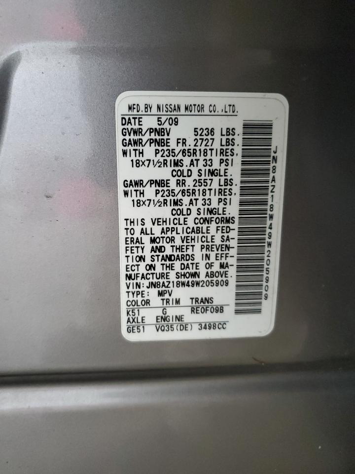 2009 Nissan Murano S VIN: JN8AZ18W49W205909 Lot: 80009665