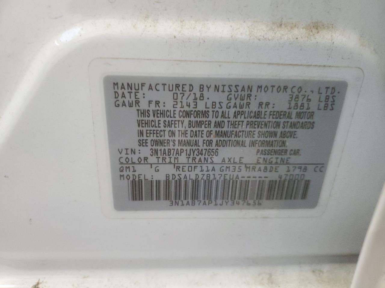 2018 Nissan Sentra S VIN: 3N1AB7AP1JY347656 Lot: 80520705