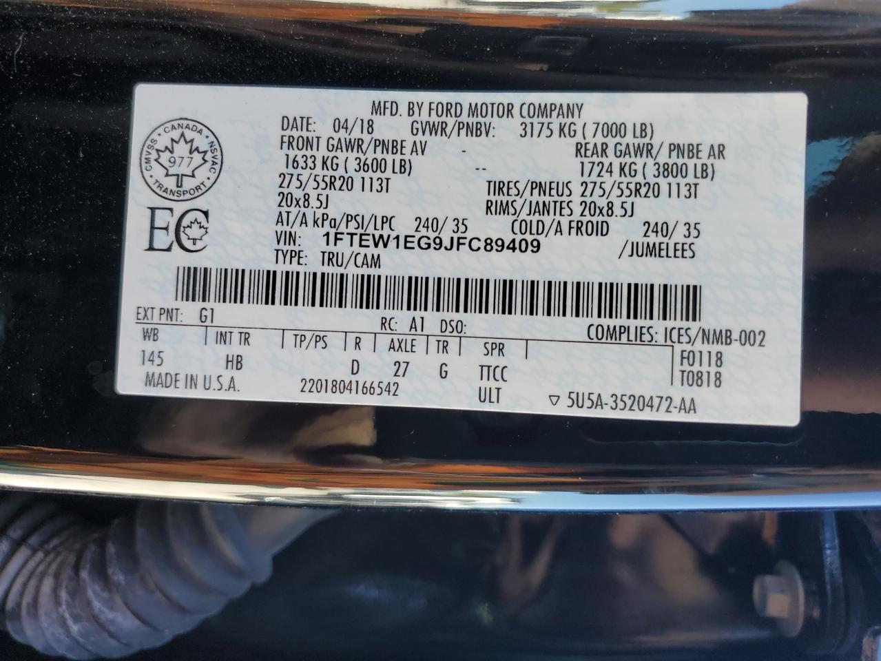 2018 Ford F150 Supercrew VIN: 1FTEW1EG9JFC89409 Lot: 80887765