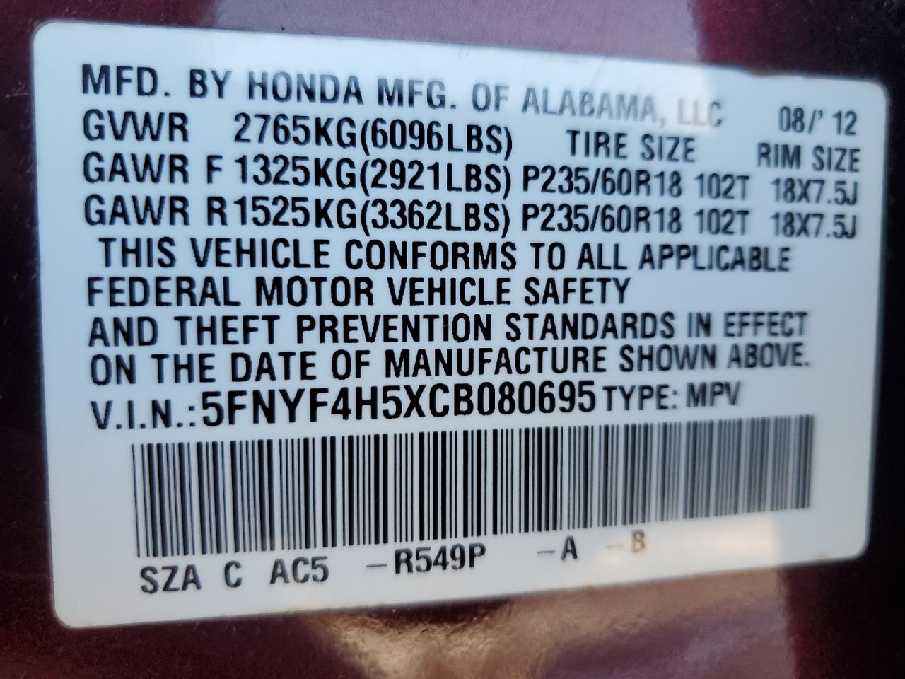 2012 Honda Pilot Exl VIN: 5FNYF4H5XCB080695 Lot: 80304995