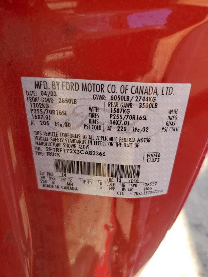 2003 Ford F150 VIN: 2FTRF172X3CA82366 Lot: 67835385