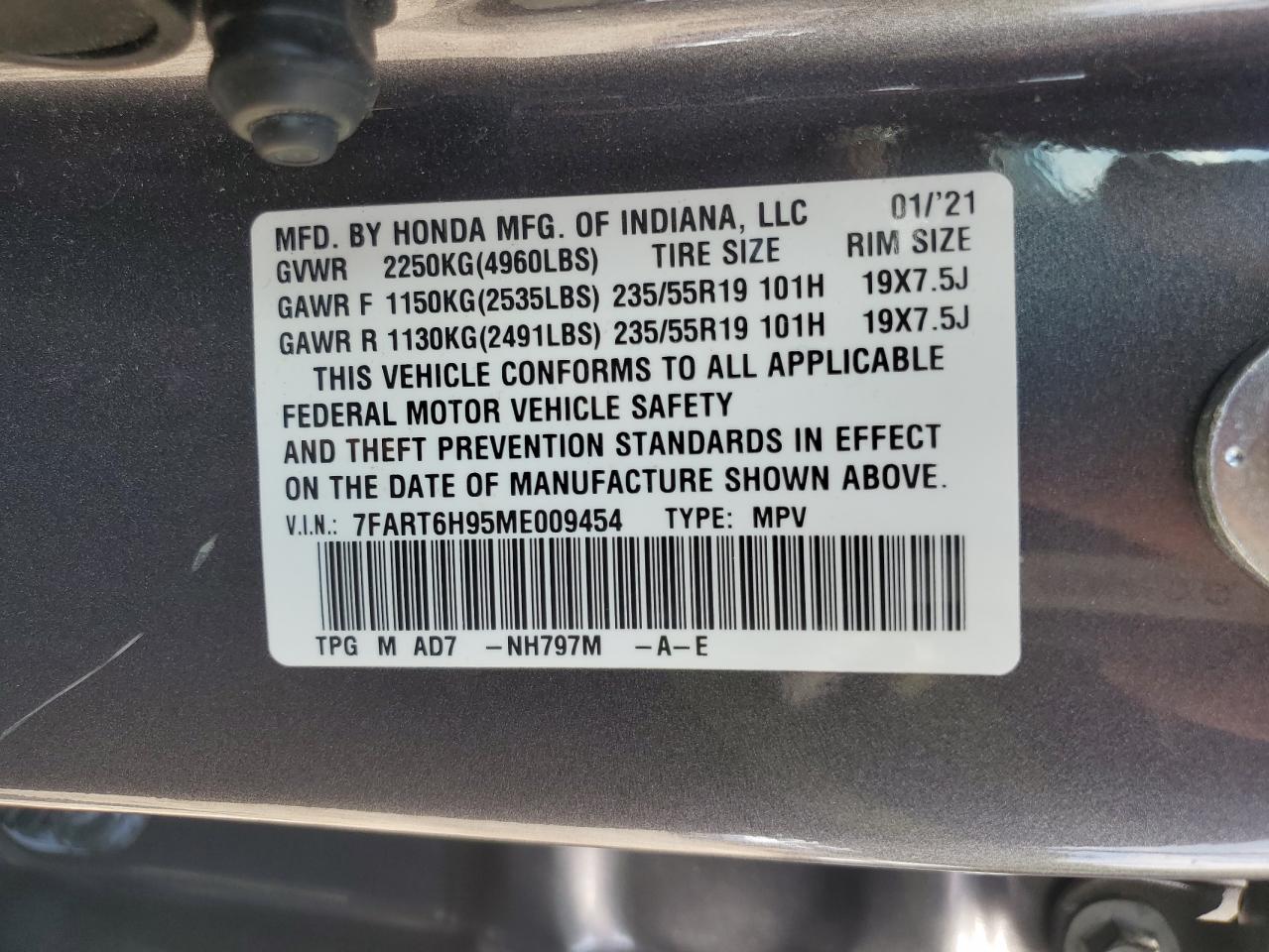2021 Honda Cr-V Touring VIN: 7FART6H95ME009454 Lot: 81098545