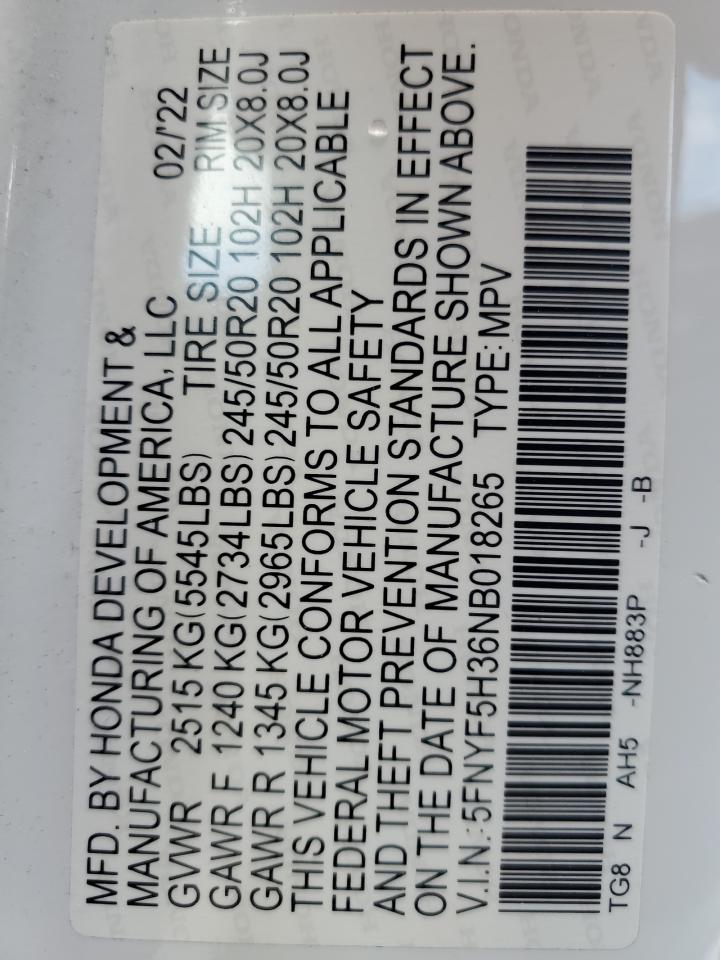 2022 Honda Pilot Sport VIN: 5FNYF5H36NB018265 Lot: 72078305