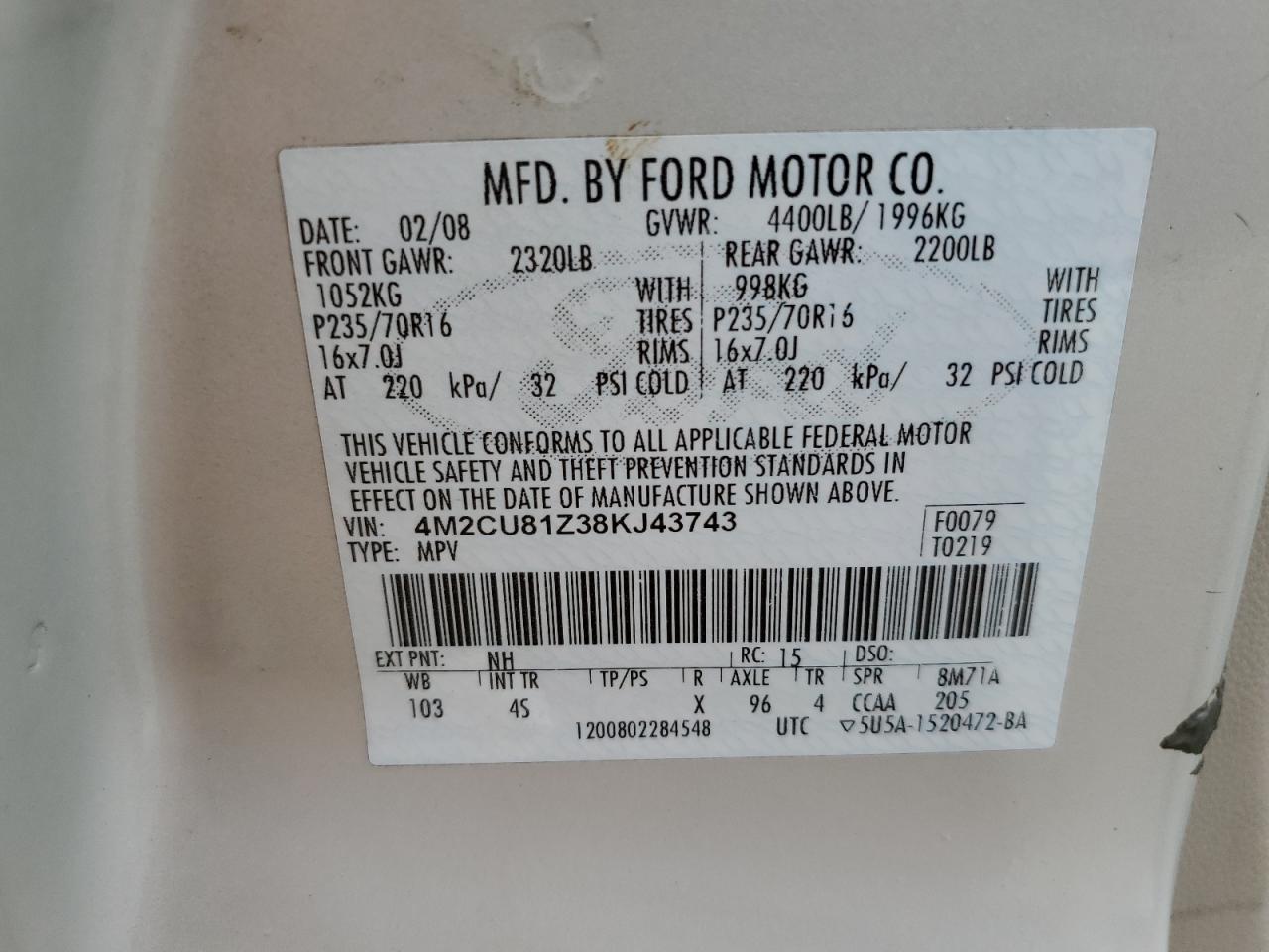 2008 Mercury Mariner VIN: 4M2CU81Z38KJ43743 Lot: 71131095