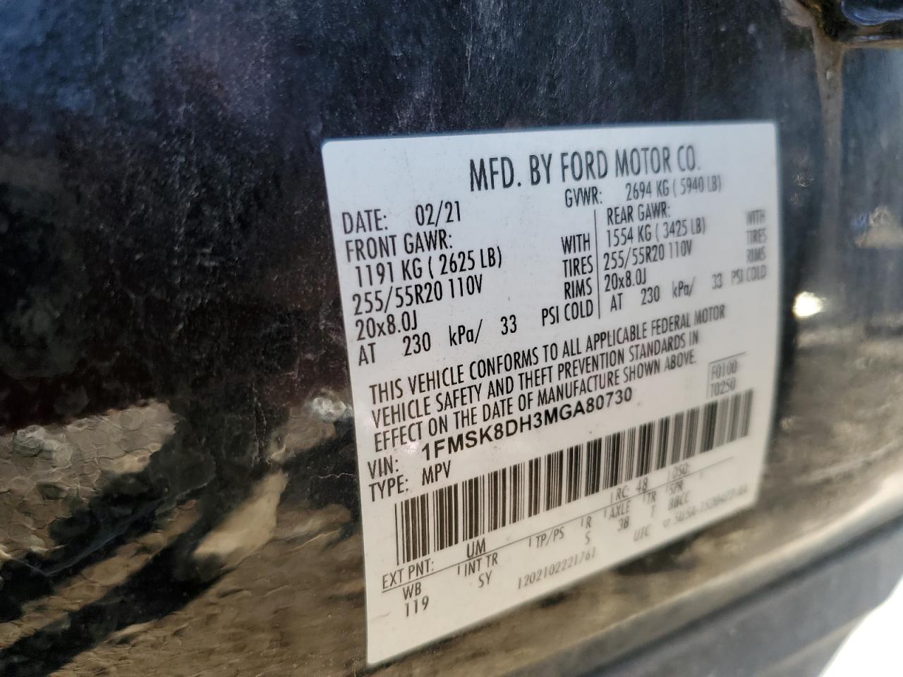 2021 Ford Explorer Xlt VIN: 1FMSK8DH3MGA80730 Lot: 71839985