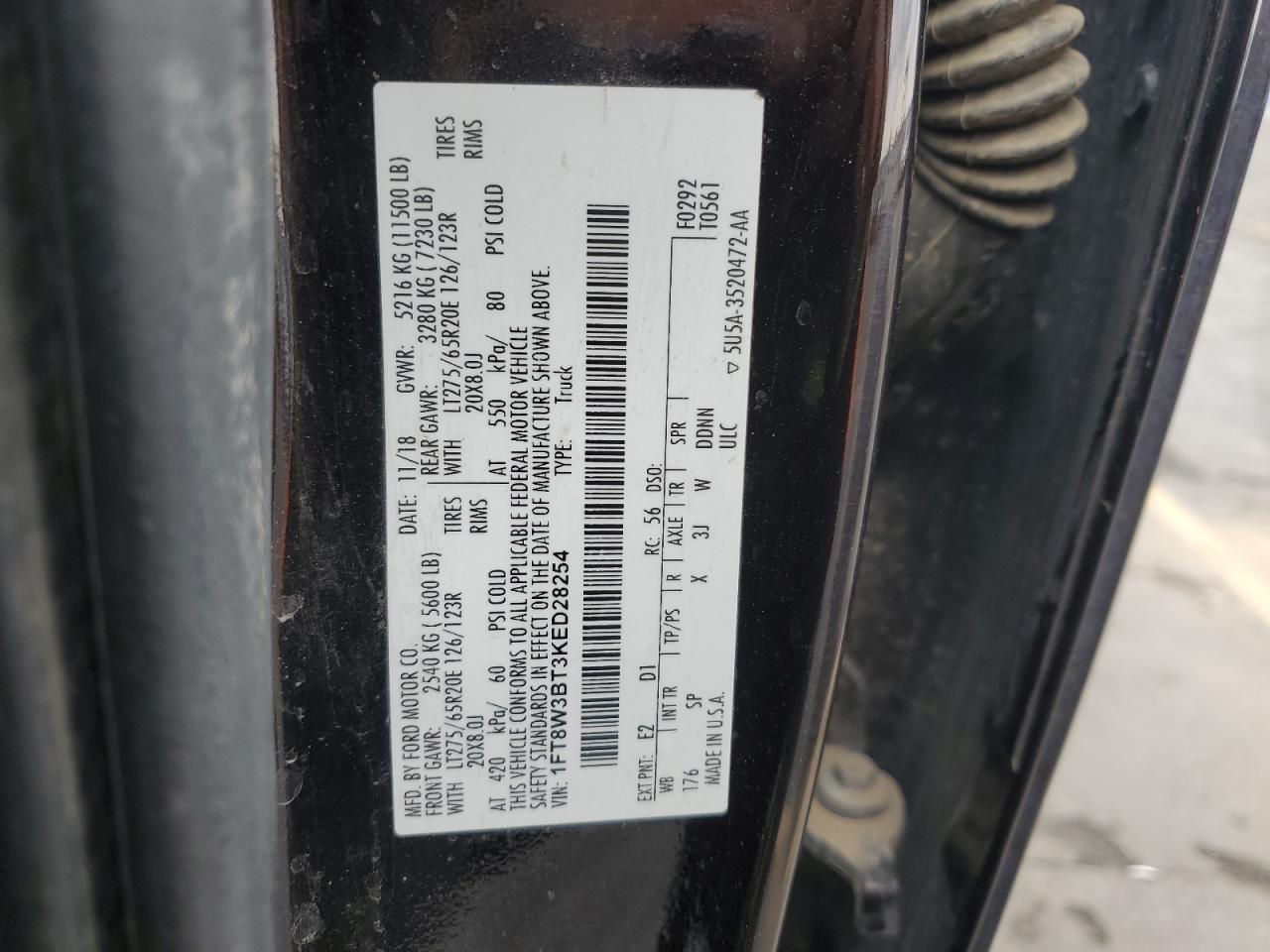 2019 Ford F350 Super Duty VIN: 1FT8W3BT3KED28254 Lot: 84277915