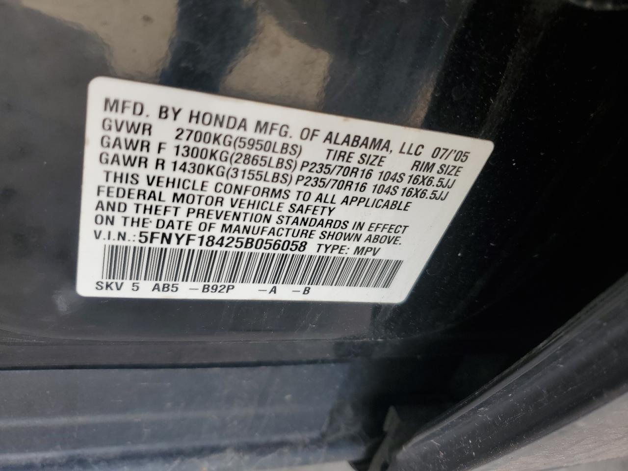 2005 Honda Pilot Ex VIN: 5FNYF18425B056058 Lot: 82055345