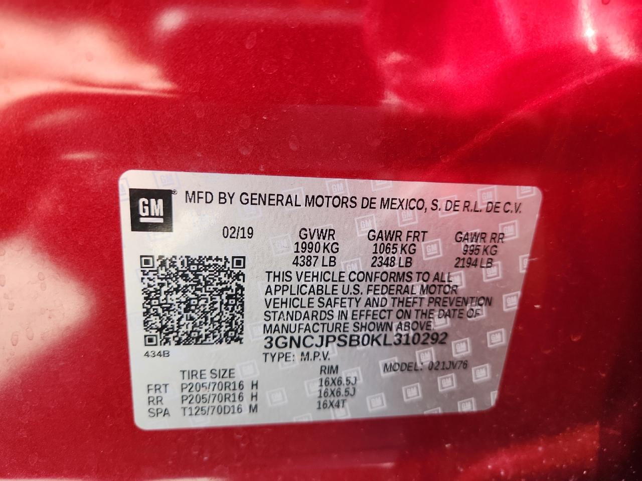 2019 Chevrolet Trax 1Lt VIN: 3GNCJPSB0KL310292 Lot: 80857025