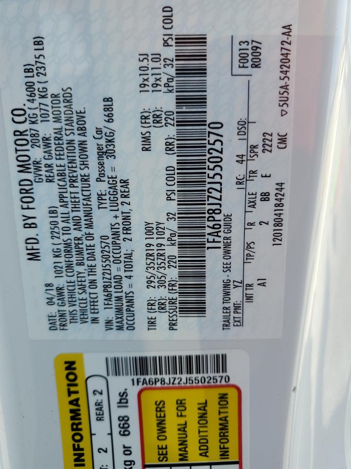 2018 Ford Mustang Shelby Gt350 VIN: 1FA6P8JZ2J5502570 Lot: 81565085