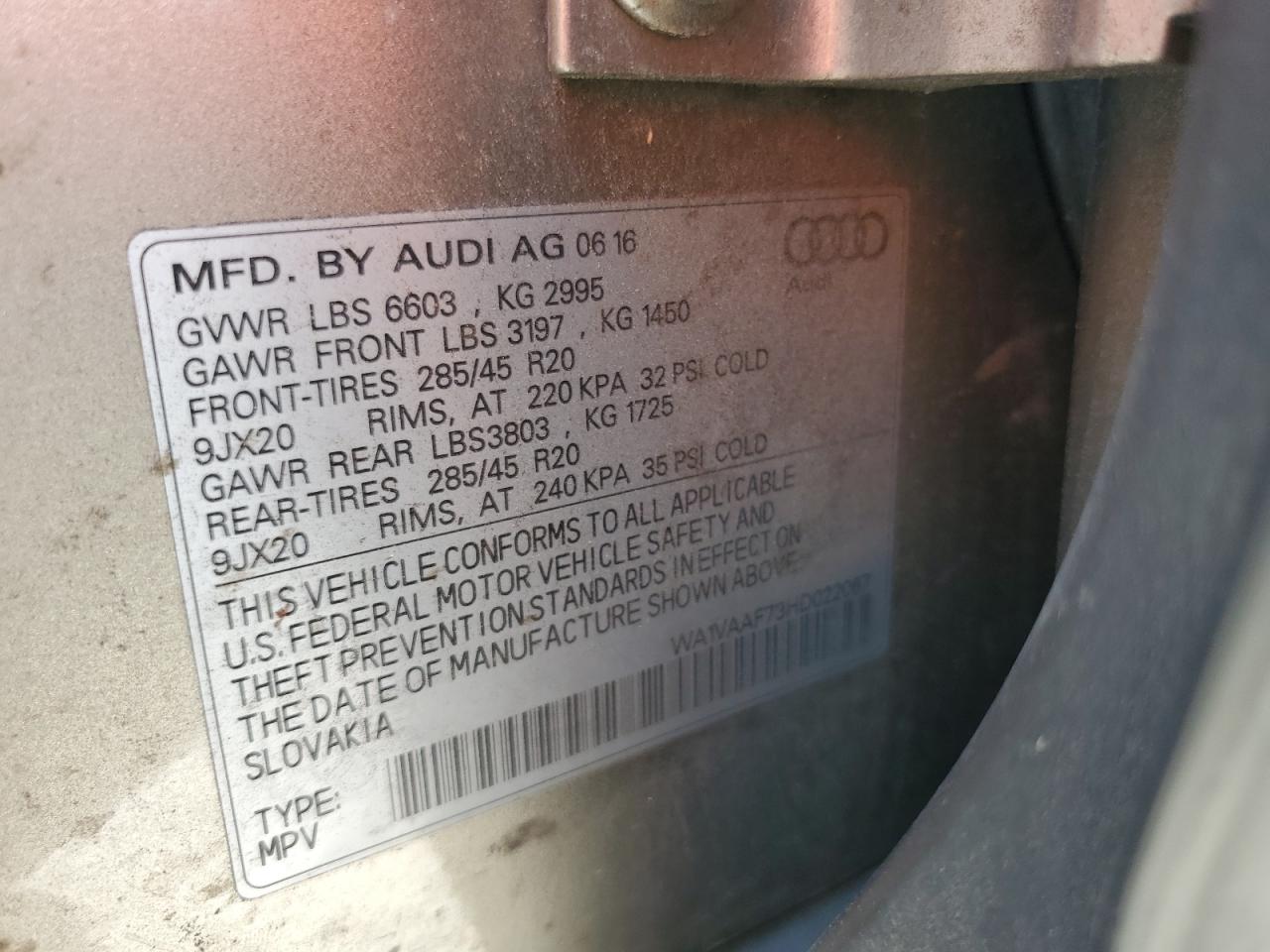 2017 Audi Q7 Prestige VIN: WA1VAAF73HD022067 Lot: 81181875