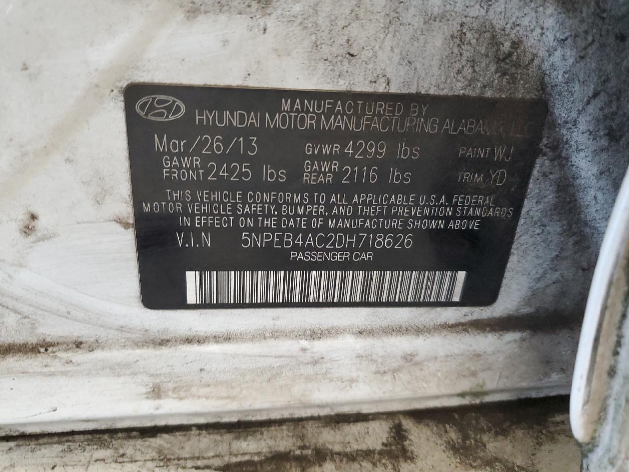 2013 Hyundai Sonata Gls VIN: 5NPEB4AC2DH718626 Lot: 83820435