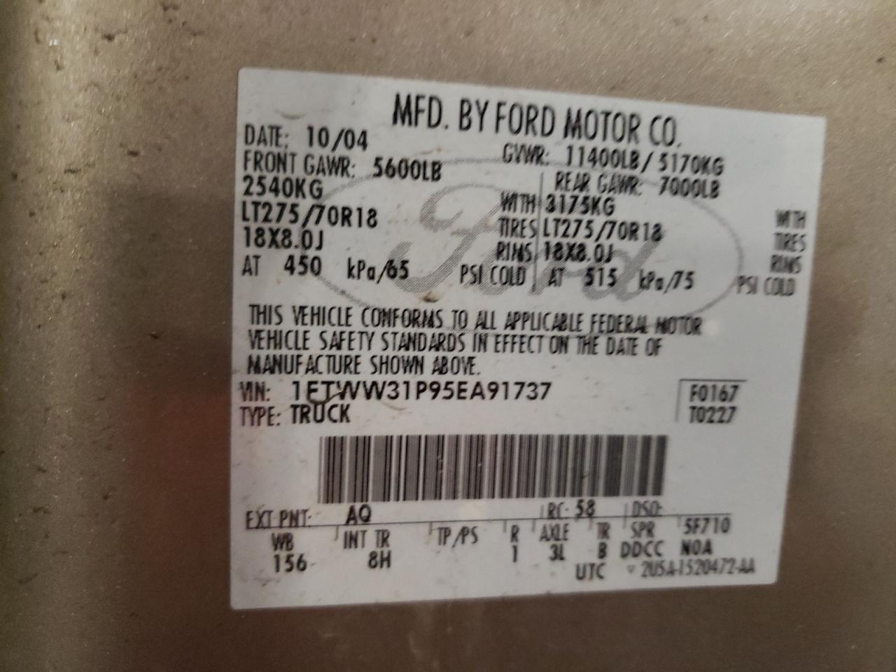 2005 Ford F350 Srw Super Duty VIN: 1FTWW31P95EA91737 Lot: 81531925