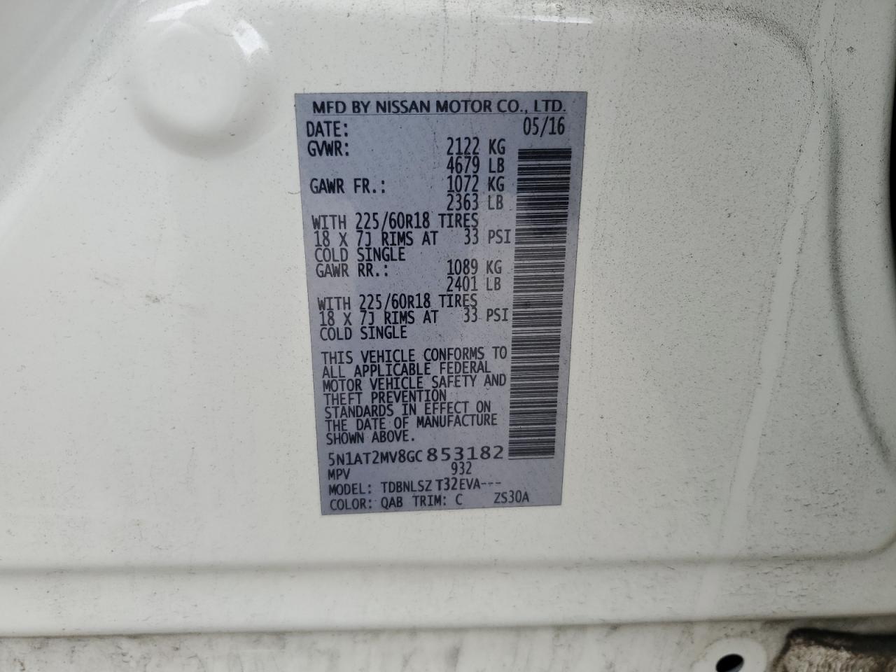 2016 Nissan Rogue S VIN: 5N1AT2MV8GC853182 Lot: 81088945