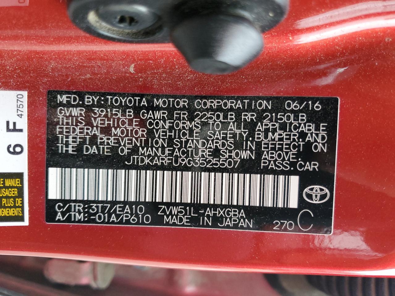 2016 Toyota Prius VIN: JTDKARFU9G3525507 Lot: 84571575