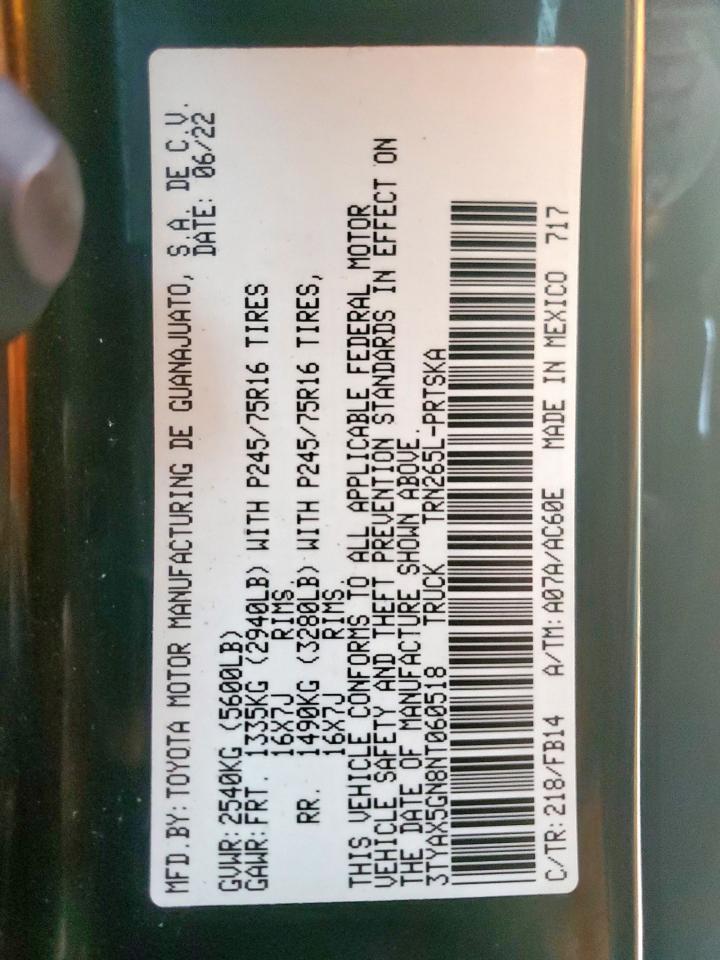 2022 Toyota Tacoma Double Cab VIN: 3TYAX5GN8NT060518 Lot: 80167975