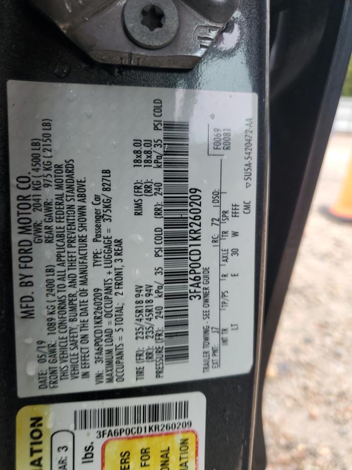 2019 Ford Fusion Sel VIN: 3FA6P0CD1KR260209 Lot: 84266515