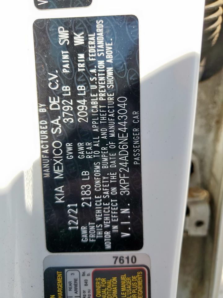 2022 Kia Forte Fe VIN: 3KPF24AD6NE443040 Lot: 71239245